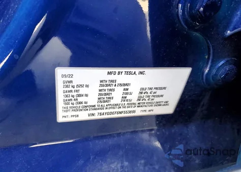 2022 Tesla Model Y из США, поврежденный, VIN 7SAYGDEF6NF553895